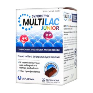 MULTILAC JUNIOR, CZEKOLADKI, 20 SZT probiotyk antybiotykoterapia DATA koniec 24.11.2025